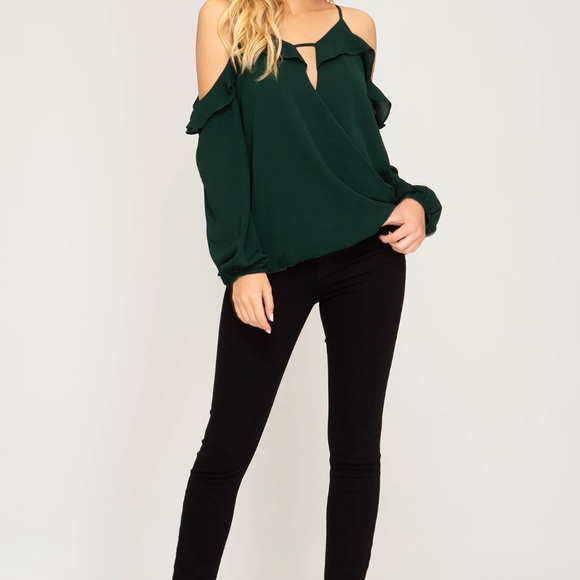 LONG SLEEVE COLD SHOULDER SURPLICE WOVEN TOP - Picture 4 of 4